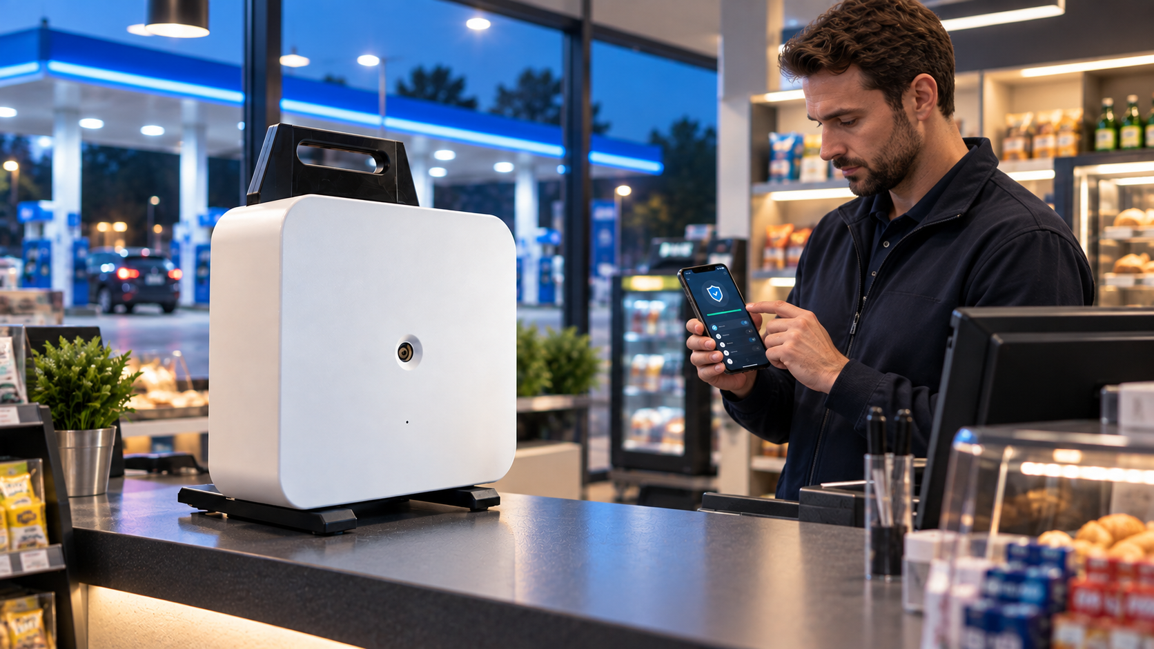 SECTEO Mitarbeiter hinter dem Tresen bedient MobileGuard per App im Tankstellen-Shop